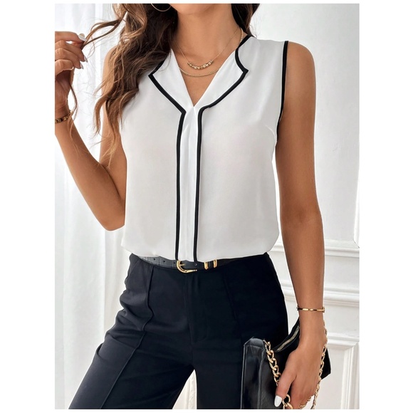 White Blouse Black Trim V-Neck Sleeveless Blouse Office Top Shirt - Picture 6 of 7